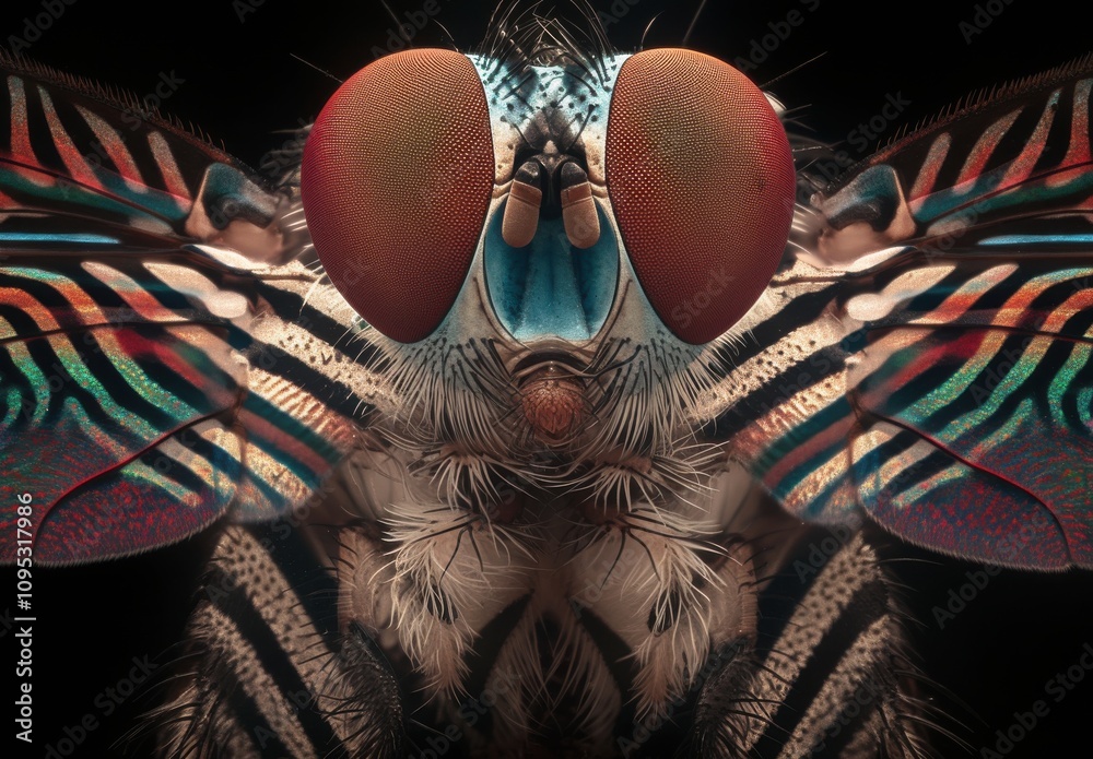 Naklejka premium Close-up View of a Vibrantly Colored Insect with Stunning Patterns and Details, Captured in a Studio Setting, Highlighting Its Unique Features and Colors