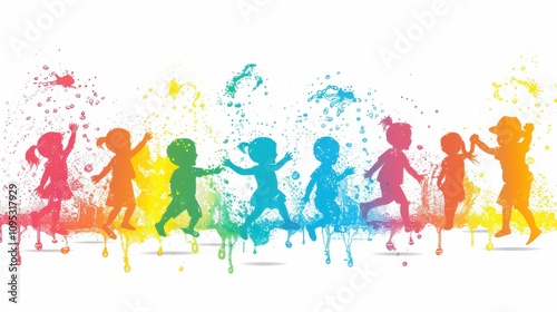 A playful vector design of children playing in a sprinkler with rainbow-colored water splashes