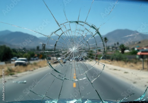 Close-up View of a Cracked Windshield on a Sunny Day with Mountains in Background and Scenic Road Ahead, Depicting Road Safety Concerns and Vehicle Damage