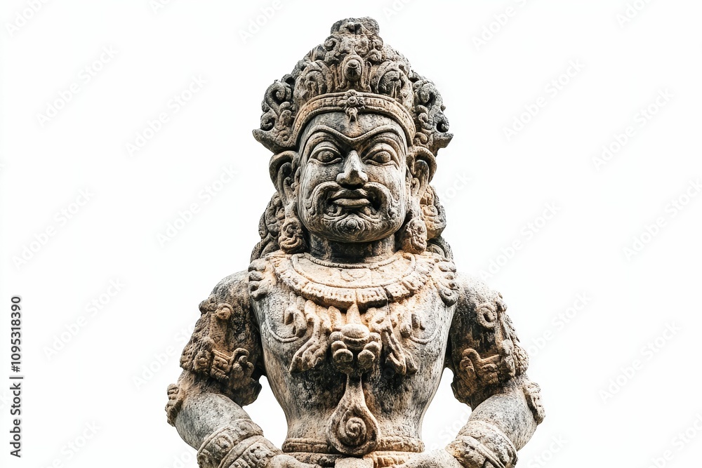 Ancient stone statue, ornate crown, serene expression. Ancient stone statue, ornate crown, serene expression.