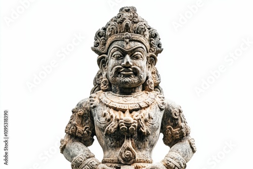 Ancient stone statue, ornate crown, serene expression.