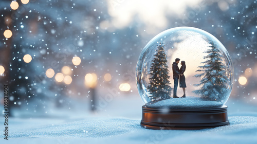Happy couple in snow globe in winter Christmas forest, abstract seasonal romantic background