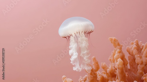 jellyfish to transparent on mystical. A translucent jellyfish floats gracefully above coral against a soft pink background, showcasing its delicate features. photo