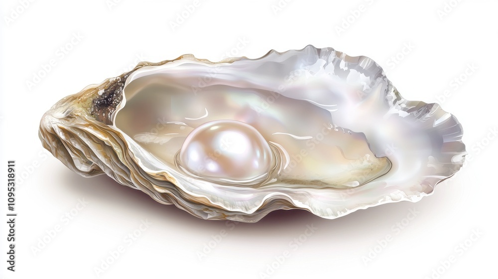 A beautifully rendered illustration of an open oyster showcasing a lustrous pearl in its interior. A beautifully rendered illustration of an open oyster showcasing a lustrous pearl in its interior.