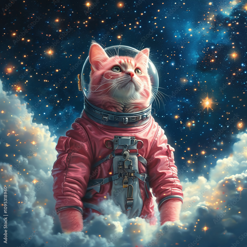 A pink cat in an astronaut suit explores outer space. Generative AI A pink cat in an astronaut suit explores outer space. Generative AI