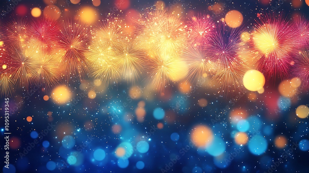 Fototapeta premium Vibrant Fireworks Display Against Dark Blue Sky 