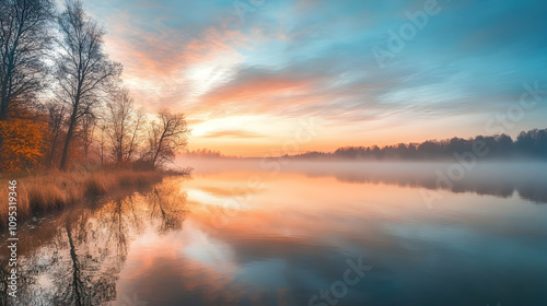 Serene calm water surface at sunrise, reflecting soft colors