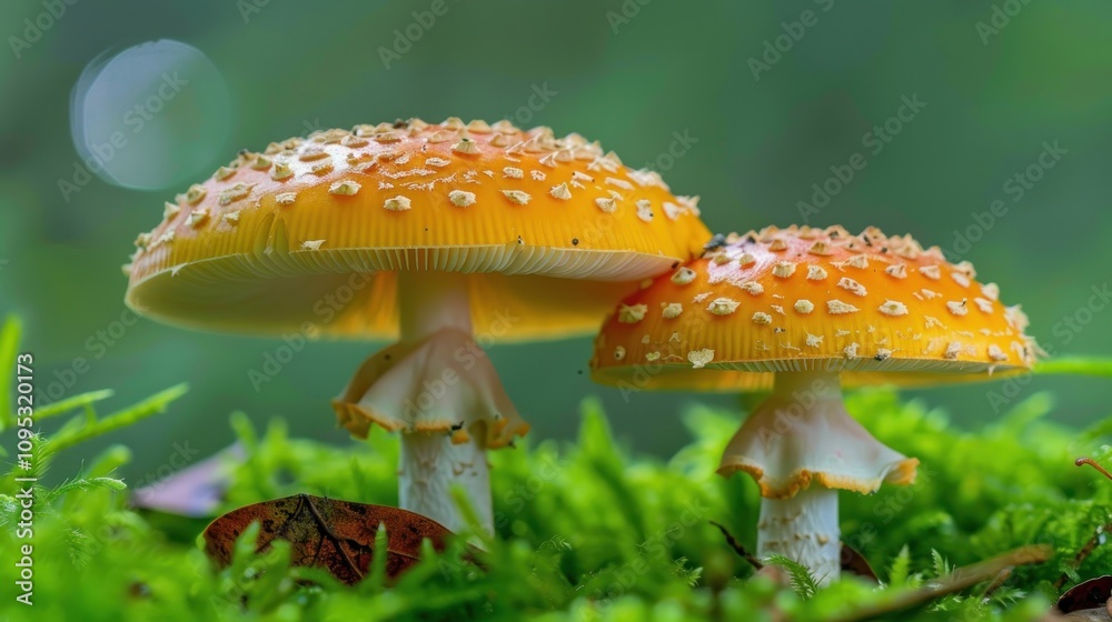 Two Orange Mushrooms in a Green Forest Two Orange Mushrooms in a Green Forest