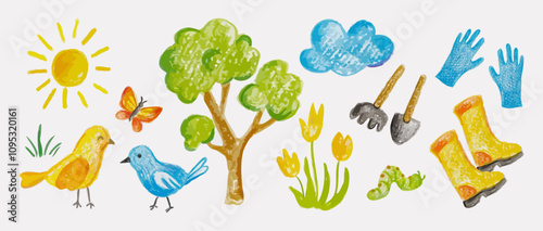 Cute Gardening and Spring set. Hand Drawing with colored Pencils. Springtime items. Sun, Birds, Flowers, Butterfly, Shovel, Rake, Garden gloves, Tree, Cloud, Grass, Caterpillar. Vector illustration is