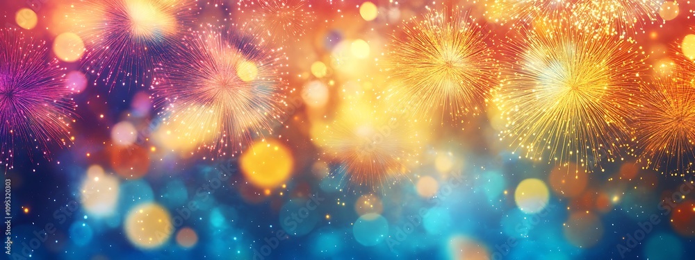 Fototapeta premium Vibrant Fireworks Display Against Dark Blue Sky 