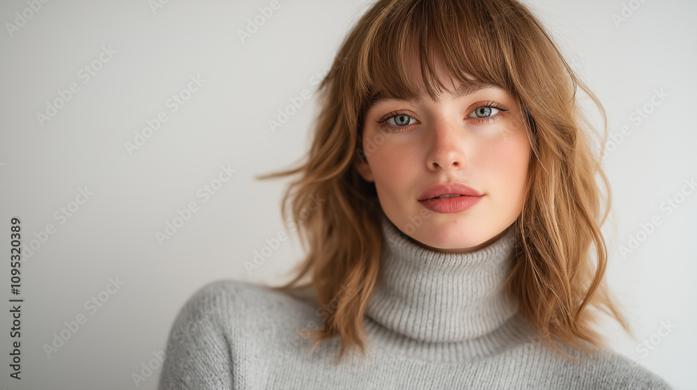 Model in fitted turtleneck sweater against plain backdrop - Clean and cozy Model in fitted turtleneck sweater against plain backdrop - Clean and cozy