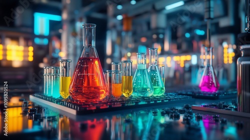 Colorful chemicals in erlenmeyer flasks and test tubes on a lab table.