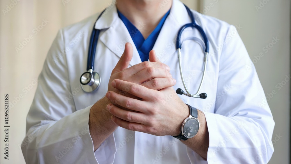 A doctor is wearing a white coat and holding a stethoscope. He is standing with his arms crossed and looking straight ahead A doctor is wearing a white coat and holding a stethoscope. He is standing with his arms crossed and looking straight ahead