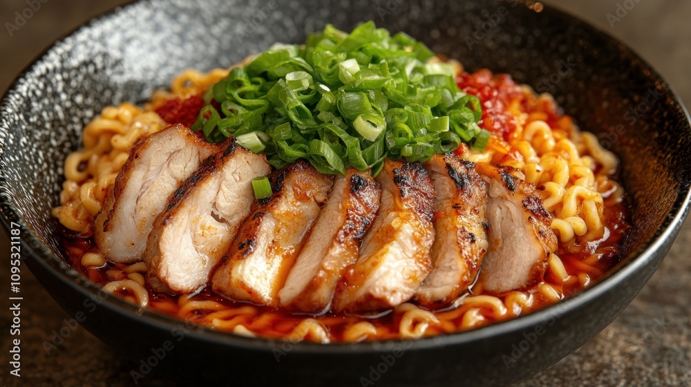 Spicy chicken ramen noodles in a bowl. Spicy chicken ramen noodles in a bowl.