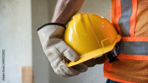 A construction worker wearing a yellow hard hat and orange safety vest. The worker is holding a pair of gloves in his right hand
