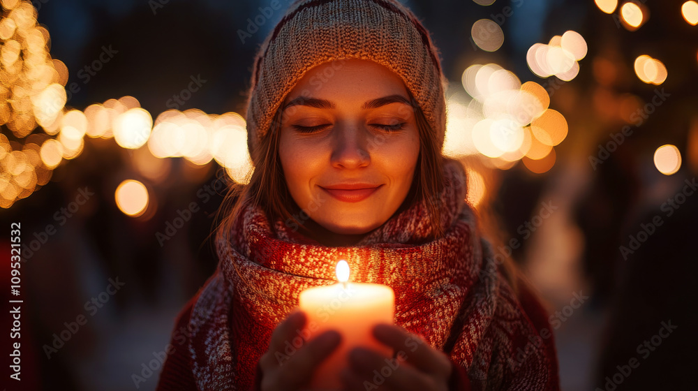 A woman in cozy winter attire holds a glowing candle, surrounded by festive lights and a joyful atmosphere. Concept of warmth and holiday spirit. For holiday greeting cards or festive promotions. A woman in cozy winter attire holds a glowing candle, surrounded by festive lights and a joyful atmosphere. Concept of warmth and holiday spirit. For holiday greeting cards or festive promotions.