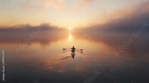 Single rower gliding through calm waters at sunrise, surrounded by mist and soft light