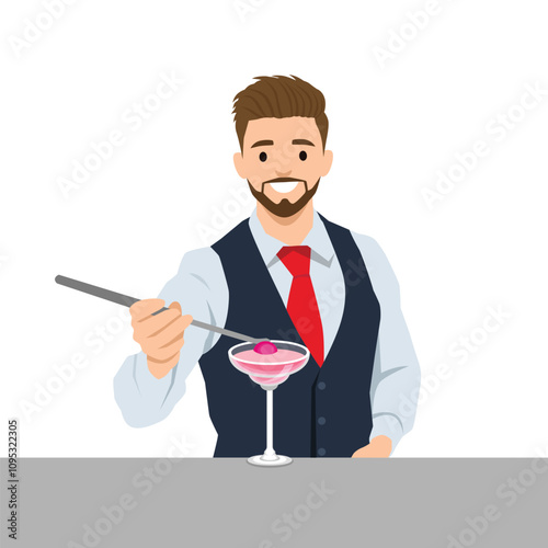Young bartender with glass of cocktail. Flat vector illustration isolated on white background