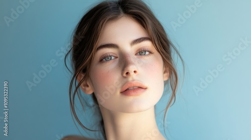 Serene Beauty: A Close-Up Portrait of a Young Woman - Close-up portrait of a young woman, showcasing natural beauty, calm expression, soft lighting, and flawless skin. Symbolizing serenity, youth, pu