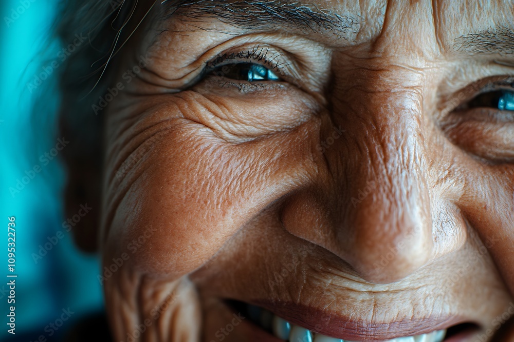 Close-up of an elderly woman's smiling face, showcasing her joyful expression and wrinkles.