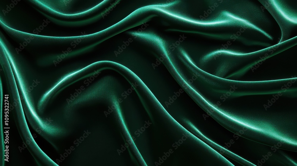 Fototapeta premium Luxurious green satin fabric draped elegantly, showcasing its smooth, shiny texture.