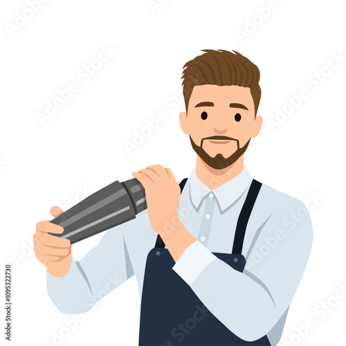 Young man bartender makes a cocktail. Flat vector illustration isolated on white background