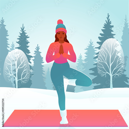 Flat Vector Illustration of Winter Yoga Tree Pose Vrksasana Standing Balance Pose Woman Practicing Yoga in Snowy Landscape