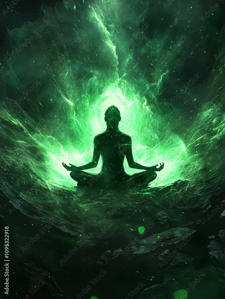 Serene Meditation in Green Aura - A figure meditates, enveloped in a radiant green aura, symbolizing peace, energy, nature, spirituality, and enlightenment. Serene Meditation in Green Aura - A figure meditates, enveloped in a radiant green aura, symbolizing peace, energy, nature, spirituality, and enlightenment.