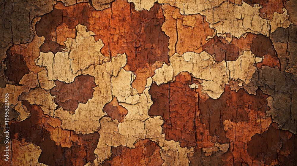 Close-up of cracked and weathered brown and beige paint on wood, showcasing a rustic and textured surface. Close-up of cracked and weathered brown and beige paint on wood, showcasing a rustic and textured surface.