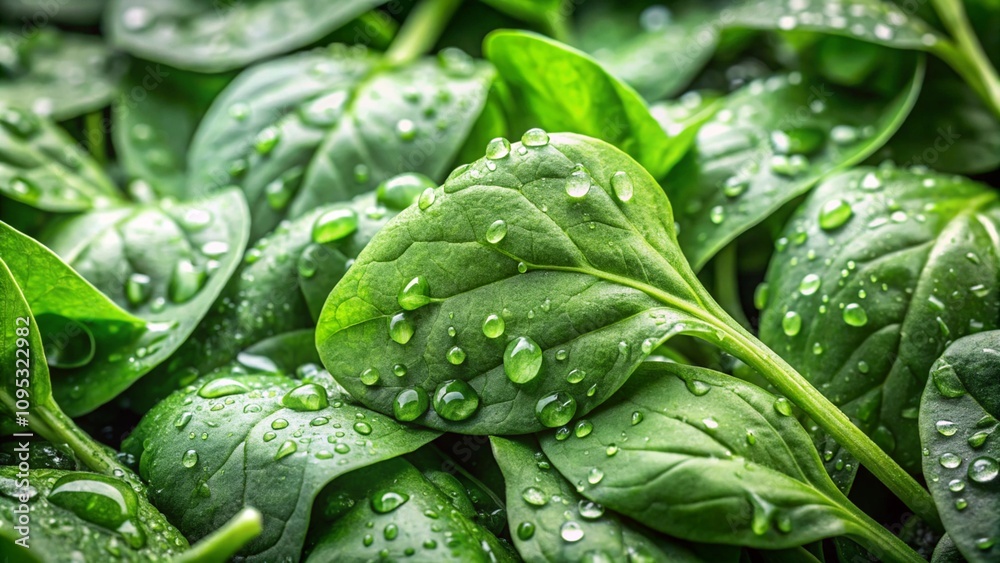 Obraz premium Fresh green spinach leaves with water drops background. Generative Ai. 