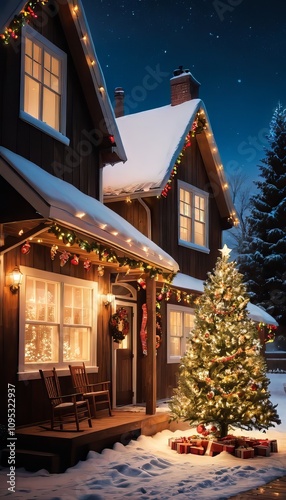 illustration of a house outdoors in the snow with Christmas decorations and a decorated Christmas tree