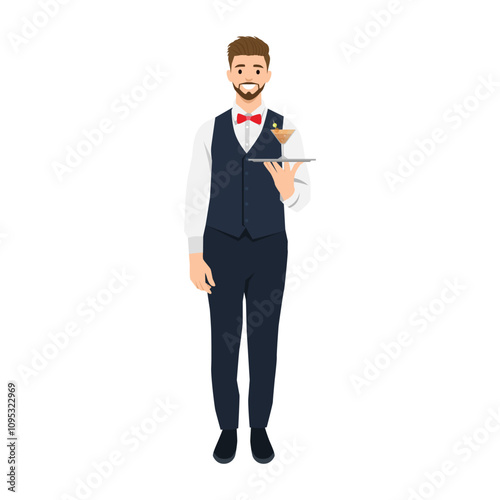 Bartender serving cocktail on a tray. Flat vector illustration isolated on white background