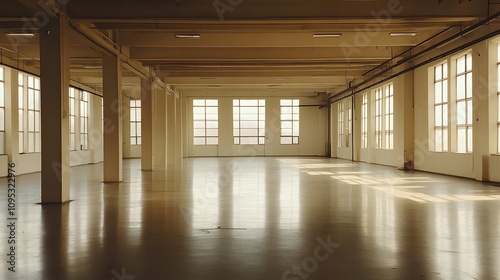 Spacious empty warehouse with polished floors, ideal for creative use or text placement