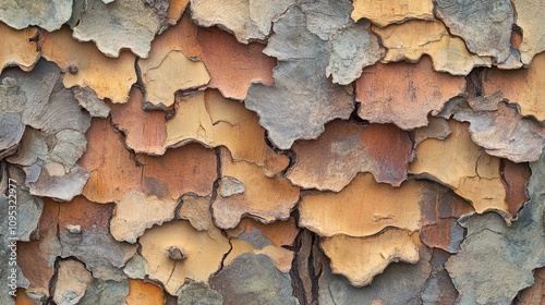 Detailed close-up of textured tree bark showcasing a rich palette of earthy colors and unique patterns.