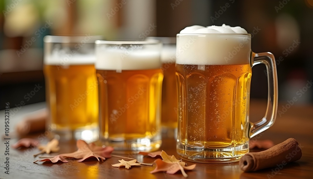 Jarras de cerveza fresca sobre una mesa en el festival de octubre Jarras de cerveza fresca sobre una mesa en el festival de octubre