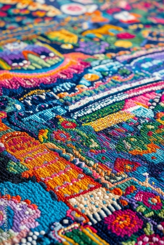 Vibrant, multicolored, textured, textile art.