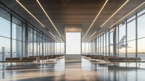 Modern Heliport Terminal Waiting Area: Minimalist Design with Floor-to-Ceiling Windows, Blank Poster Mockup, and Polished Concrete Floors. Professional 8K Photography.