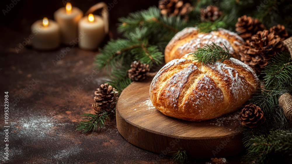 Two round, crusty loaves of bread with powdered flour sit on a wooden board, surrounded by pinecones and branches, with candles in the background. Concept of rustic holiday baking. For festive cooking Two round, crusty loaves of bread with powdered flour sit on a wooden board, surrounded by pinecones and branches, with candles in the background. Concept of rustic holiday baking. For festive cooking