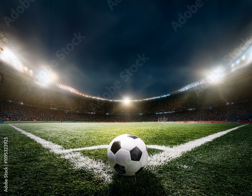 Ball im Stadion auf grünem Spielfeld photo