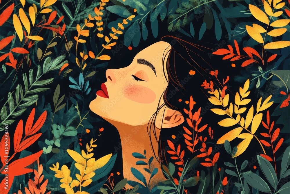 Serene Woman in Blooming Garden - Peaceful woman surrounded by vibrant flowers, symbolizing nature, serenity, peace, growth, and beauty.