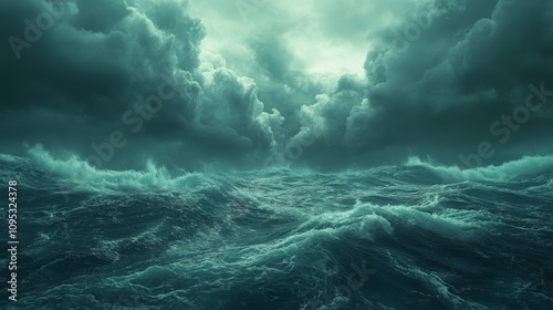 Dark Stormy Ocean Waves Under Gloomy Clouds