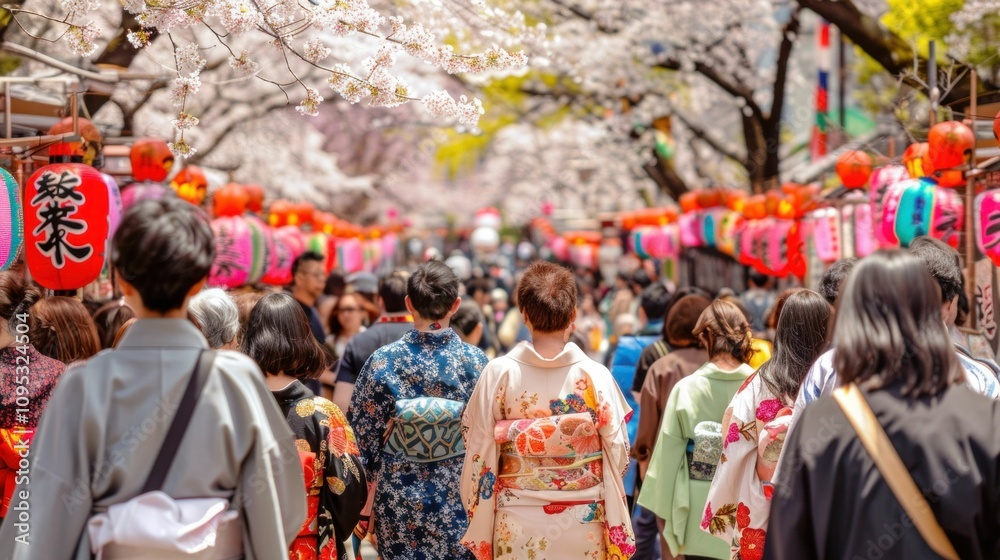 Obraz premium Cherry blossom festival, traditional kimono attire, vibrant street scene filled with festivities and lanterns, spring colors dominate the atmosphere at this lively cultural event