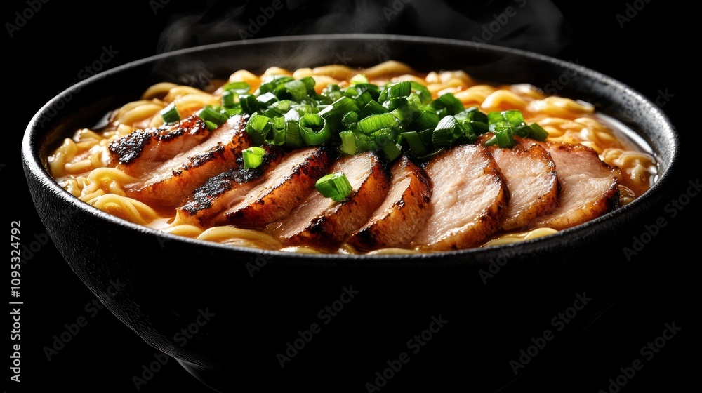 Steaming bowl of ramen noodles with sliced pork and green onions. Steaming bowl of ramen noodles with sliced pork and green onions.
