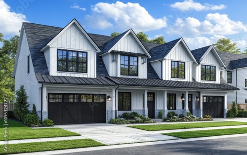 Contemporary Townhouse Architectural Design with Modern Facade and Stylish Landscaping in a Residential Neighborhood on a Bright Sunny Day