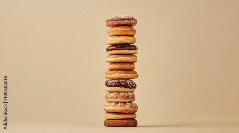 Stack of assorted cookies with cream filling and powdered sugar on a beige background. Studio photography with copy space. Dessert and bakery concept for design and print. Stack of assorted cookies with cream filling and powdered sugar on a beige background. Studio photography with copy space. Dessert and bakery concept for design and print.