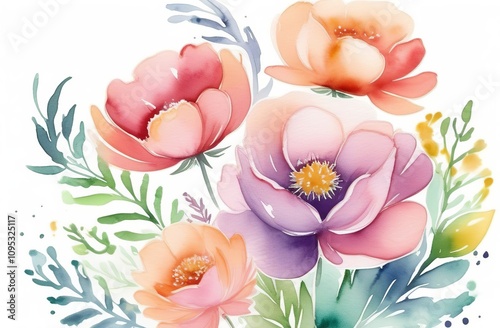 Watercolor flowers for postcard template Decorative flowers, petals, branches and leaves. Watercolour composition for wedding invitation. Print for t-shirt