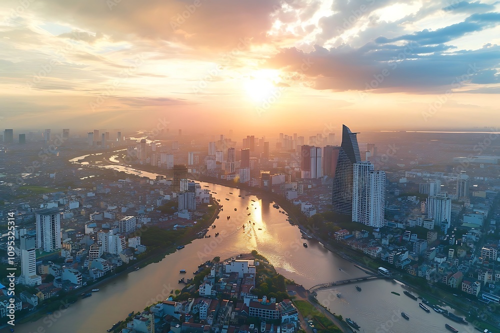 Fototapeta premium Aerial view of Shanghai skyline at sunset, China. Shanghai is the capital city of China.