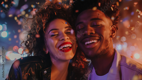 Young couple laughing and dancing under confetti at night.