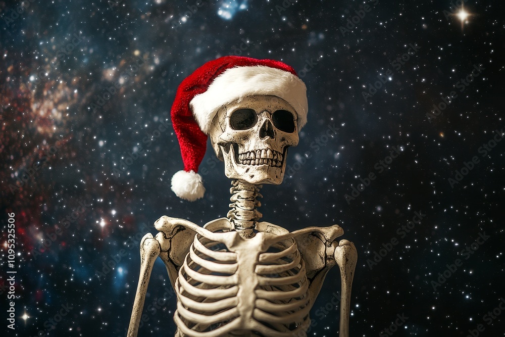 Skeleton Santa in Space - A skeleton wearing a Santa hat against a starry background. Spooky, festive, cosmic, death, Christmas. Skeleton Santa in Space - A skeleton wearing a Santa hat against a starry background. Spooky, festive, cosmic, death, Christmas.