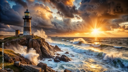 Lighthouse standing majestically by the rocky coastline during a dramatic sunset.